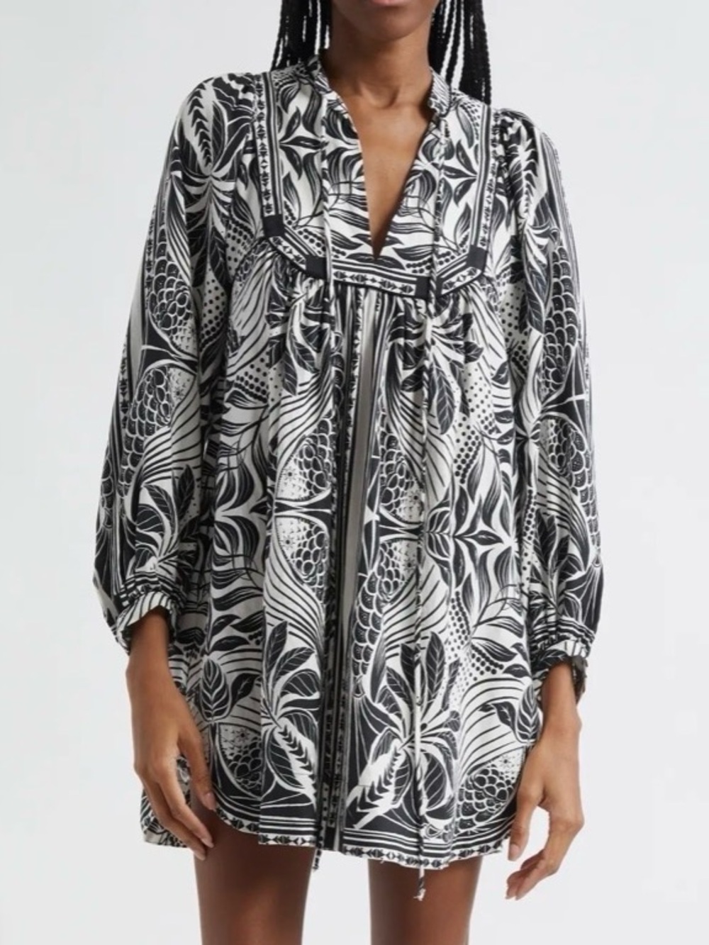 FARM Rio Monochrome Elegance Print Long Sleeve Linen Blend Minidress size XS